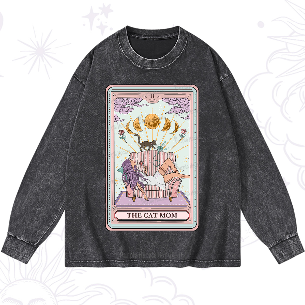 Purplehecate The Cat Mom Tarot Washed Long Sleeve Shirt