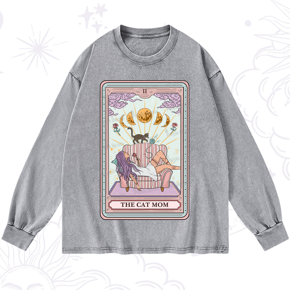 Purplehecate The Cat Mom Tarot Washed Long Sleeve Shirt