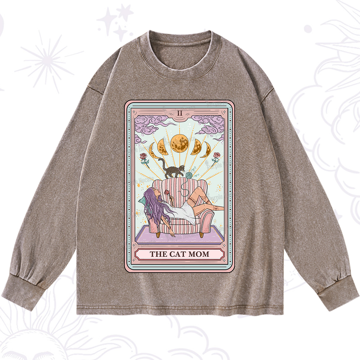 Purplehecate The Cat Mom Tarot Washed Long Sleeve Shirt