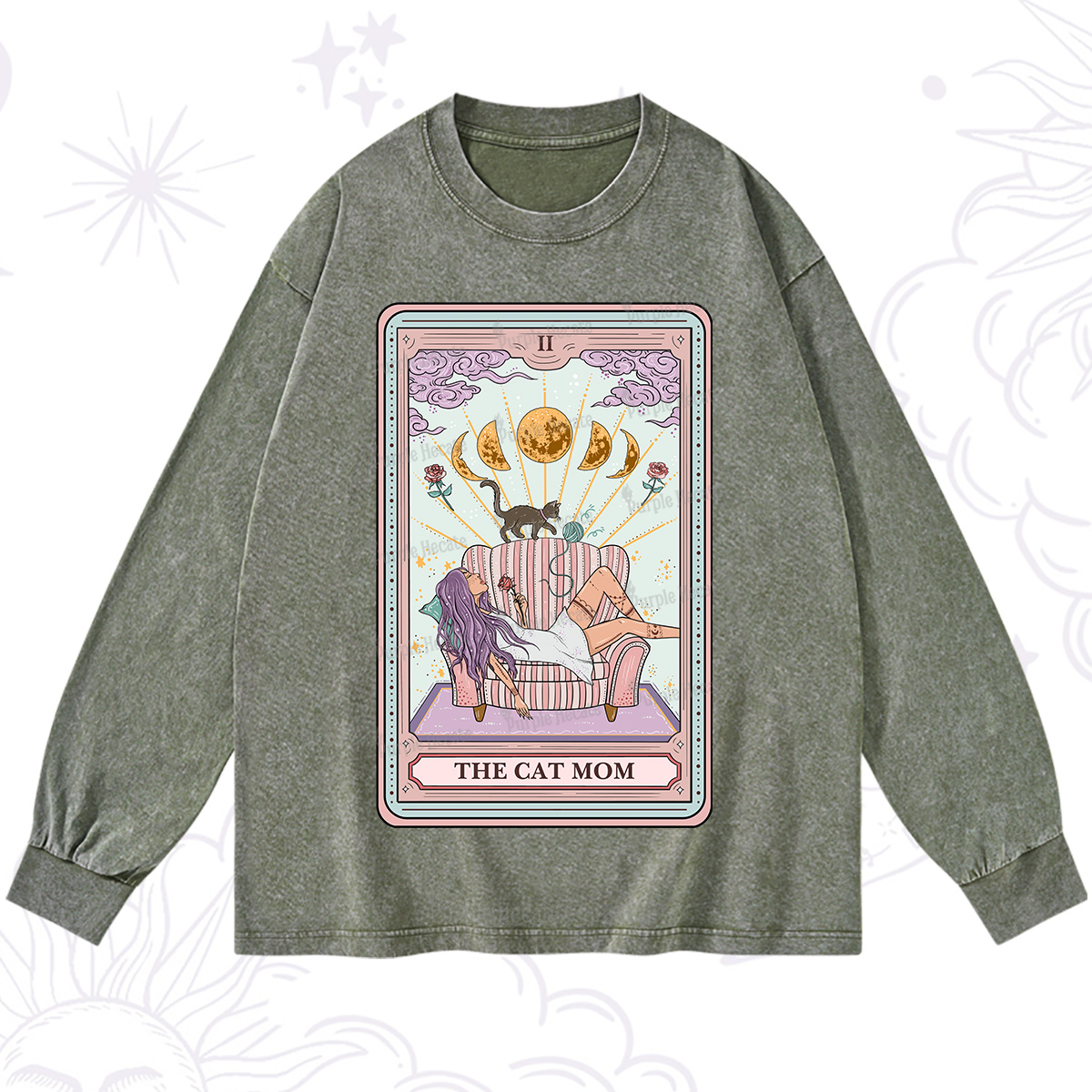 Purplehecate The Cat Mom Tarot Washed Long Sleeve Shirt