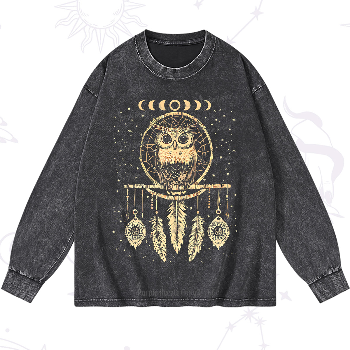 Purplehecate Luna Owl Dream Catcher Washed Long Sleeve Shirt