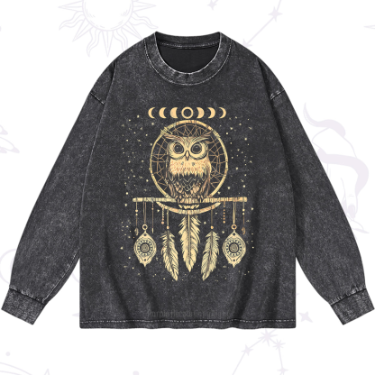 Purplehecate Luna Owl Dream Catcher Washed Long Sleeve Shirt