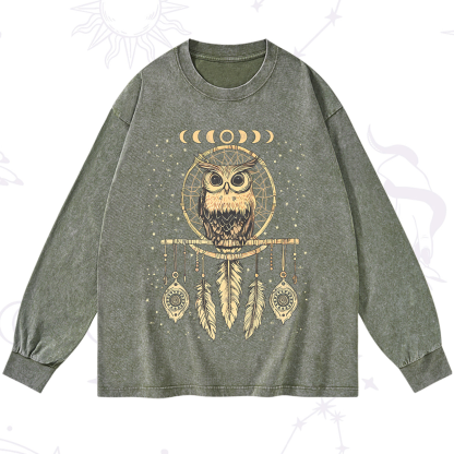 Purplehecate Luna Owl Dream Catcher Washed Long Sleeve Shirt