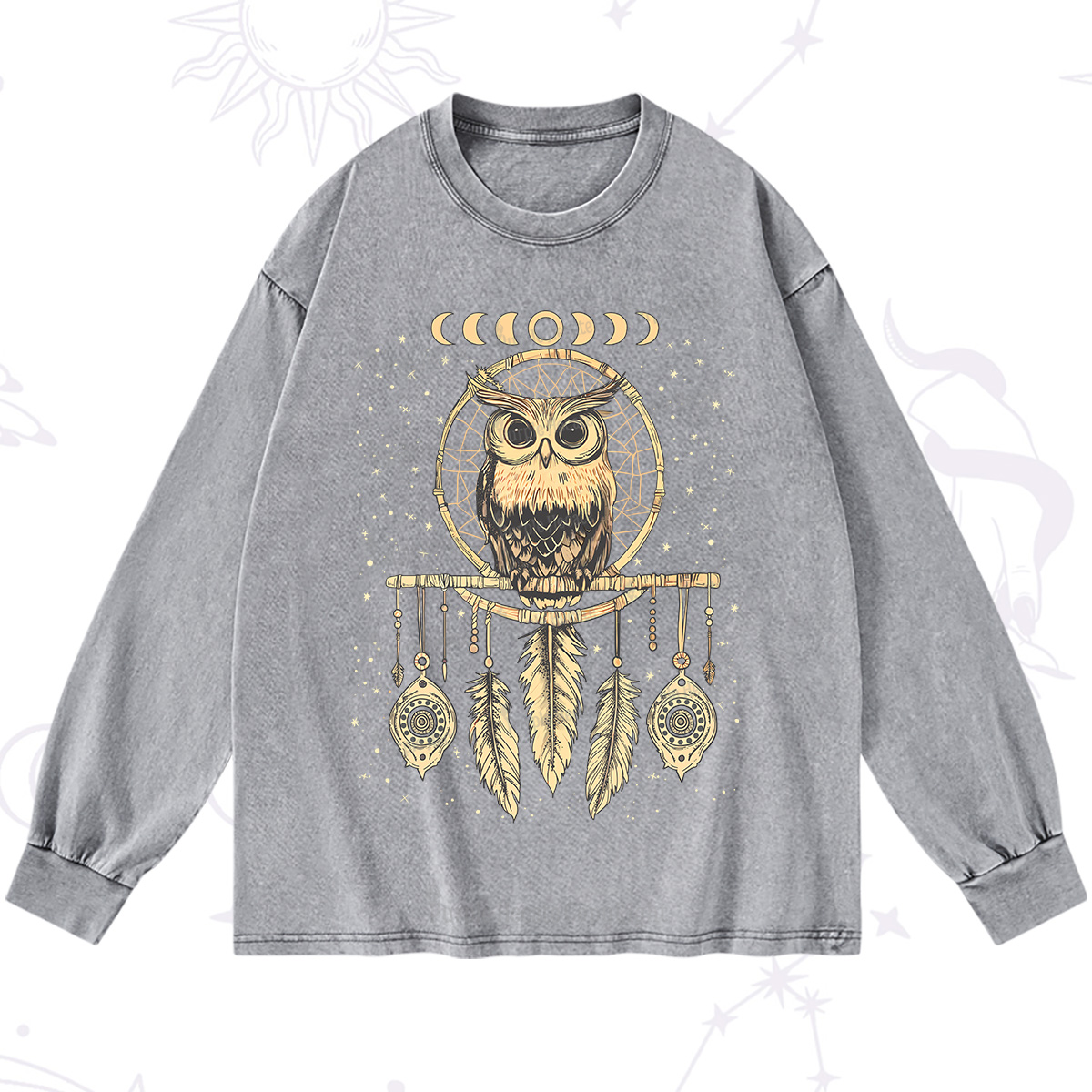Purplehecate Luna Owl Dream Catcher Washed Long Sleeve Shirt