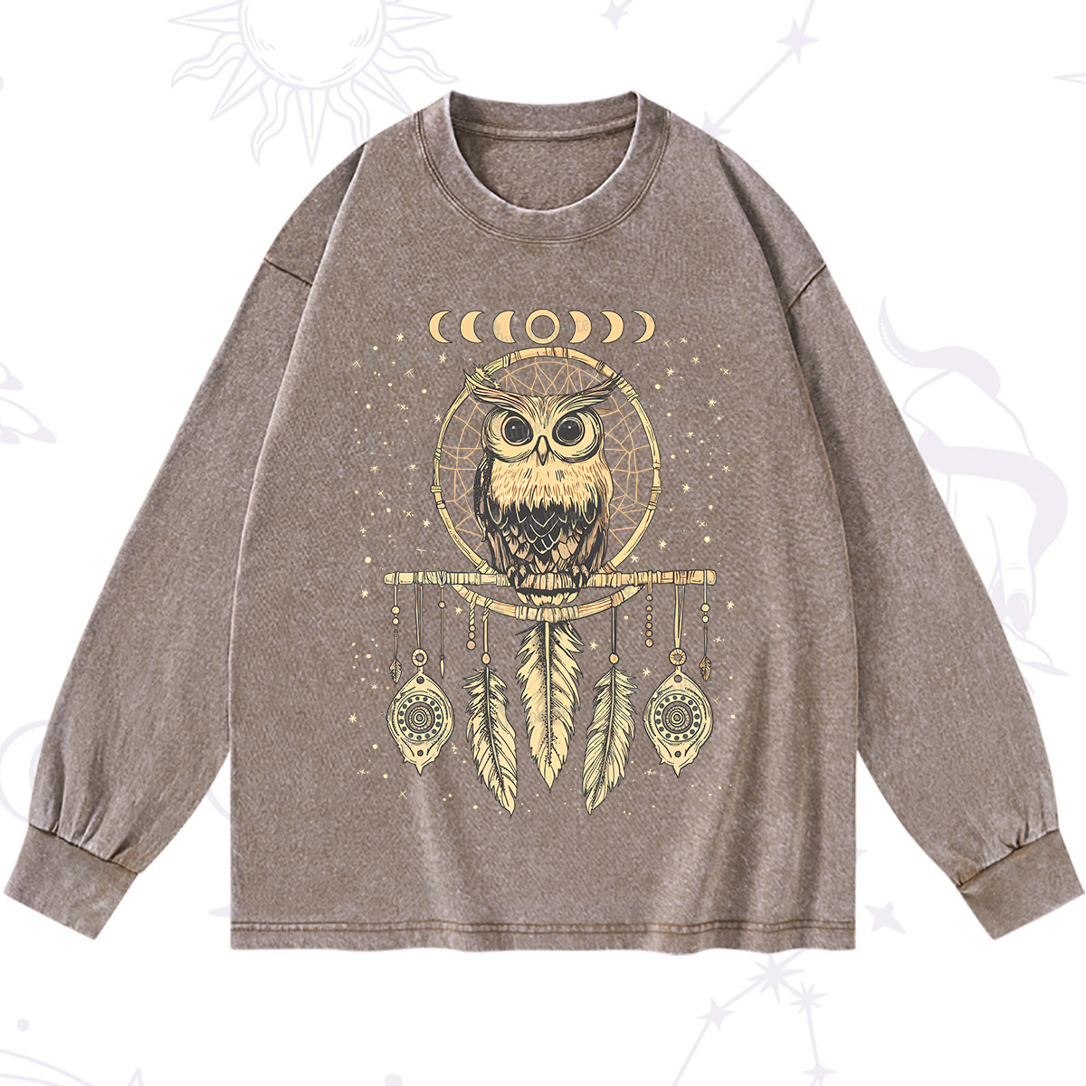 Purplehecate Luna Owl Dream Catcher Washed Long Sleeve Shirt