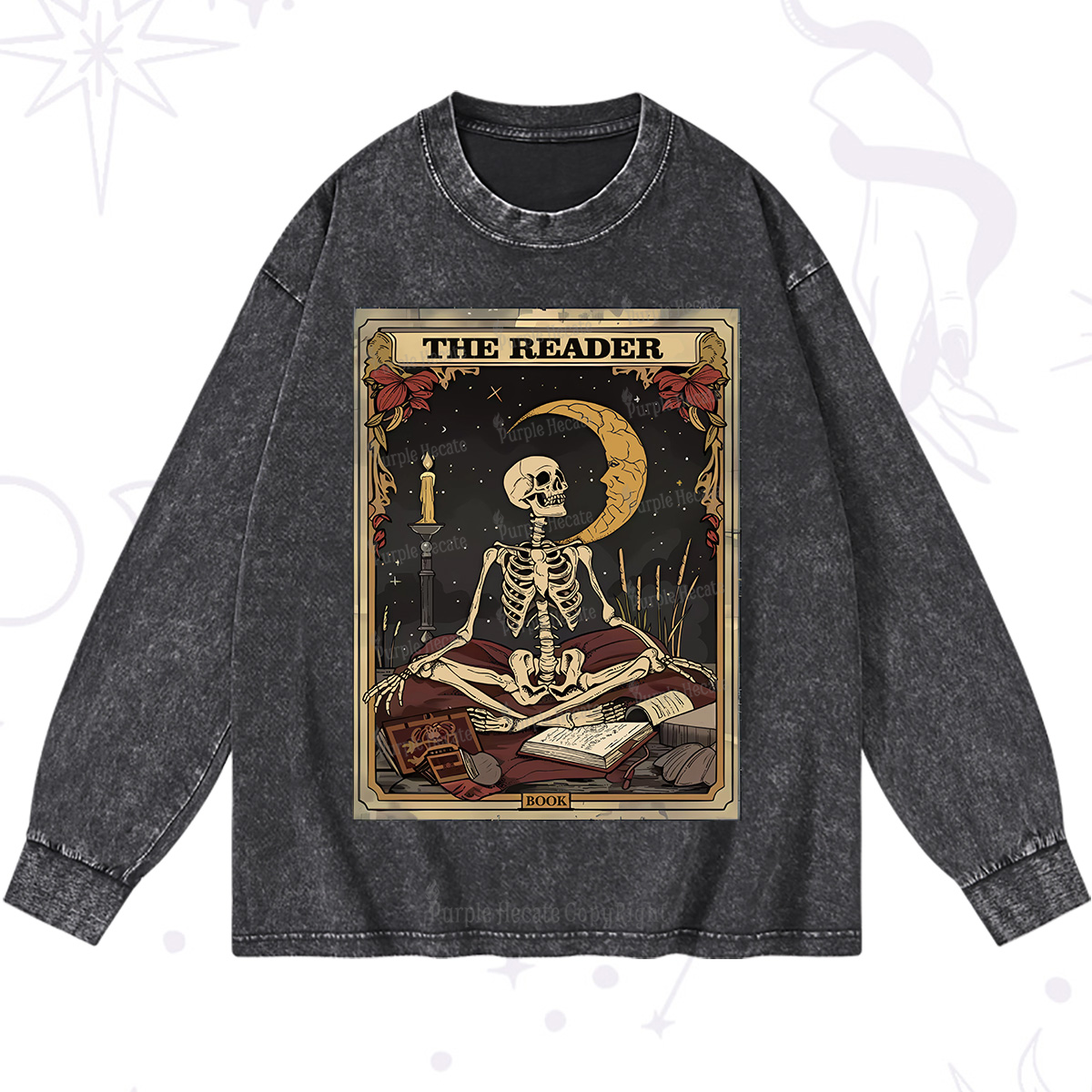 Purplehecate The Reader Tarot Card Washed Long Sleeve Shirt