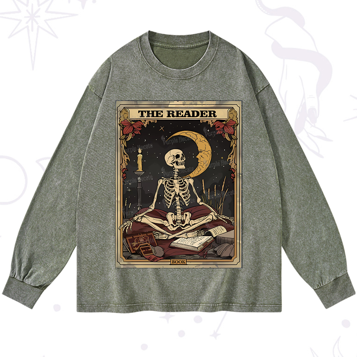 Purplehecate The Reader Tarot Card Washed Long Sleeve Shirt