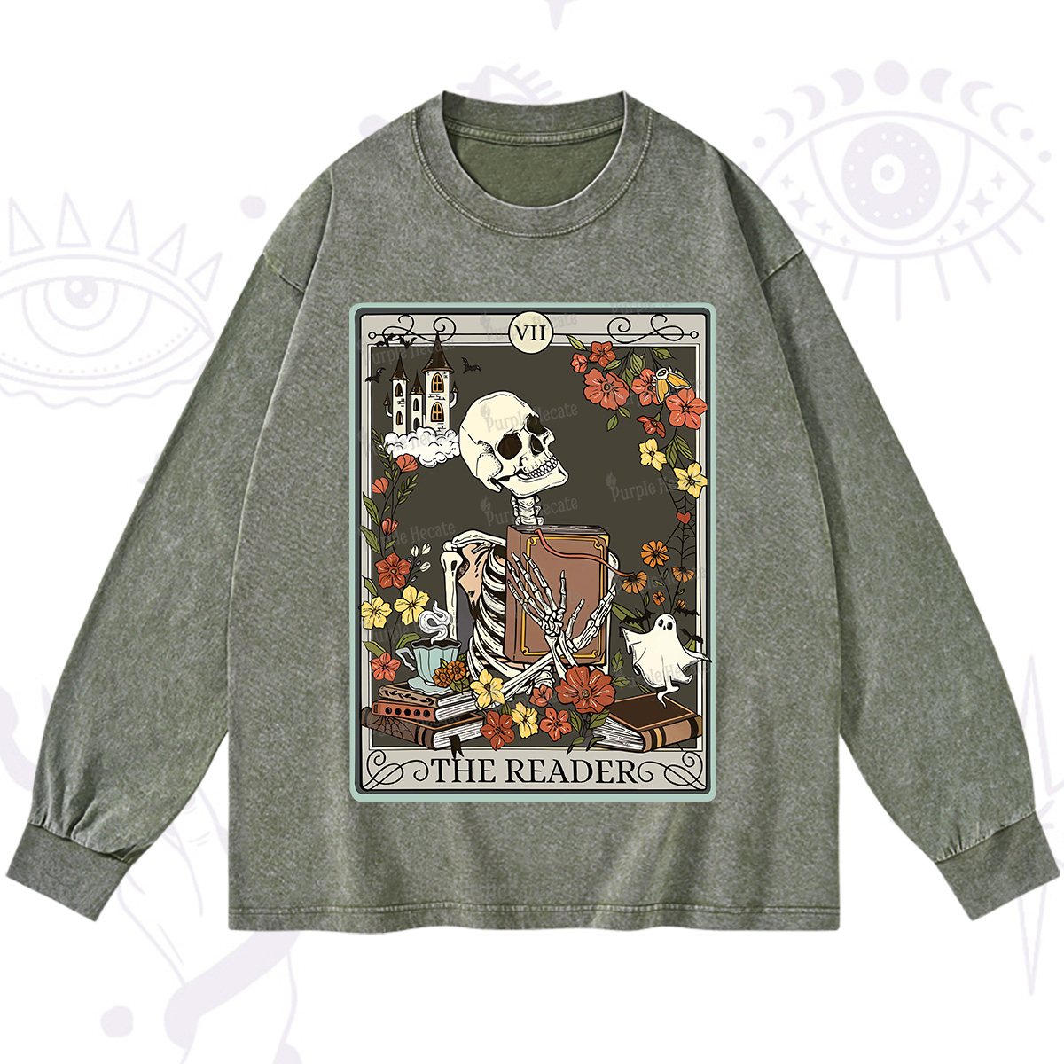 Purplehecate The Reader Tarot Card Washed Long Sleeve Shirt