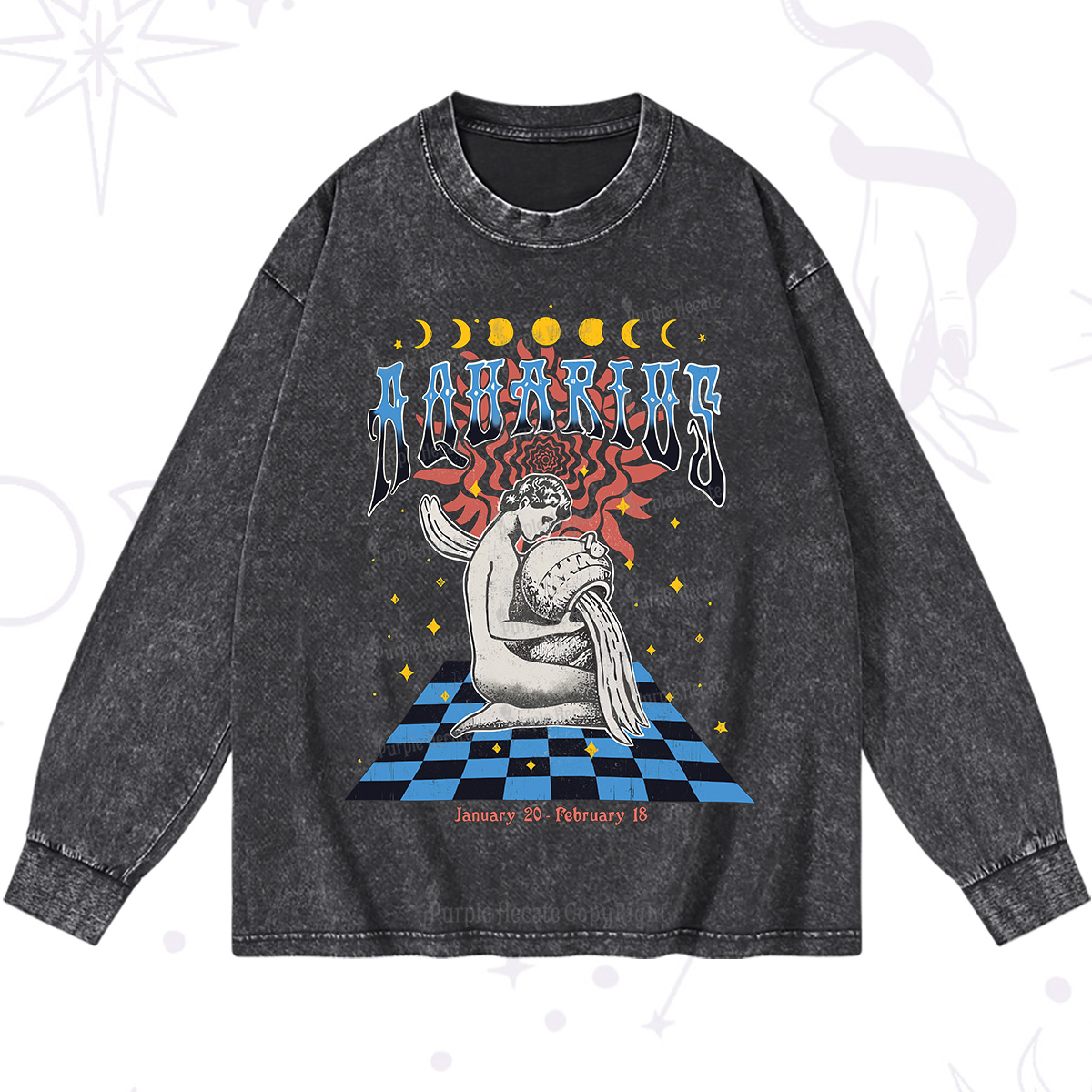 Purplehecate Aquarius Crew Zodiac Washed Long Sleeve Shirt