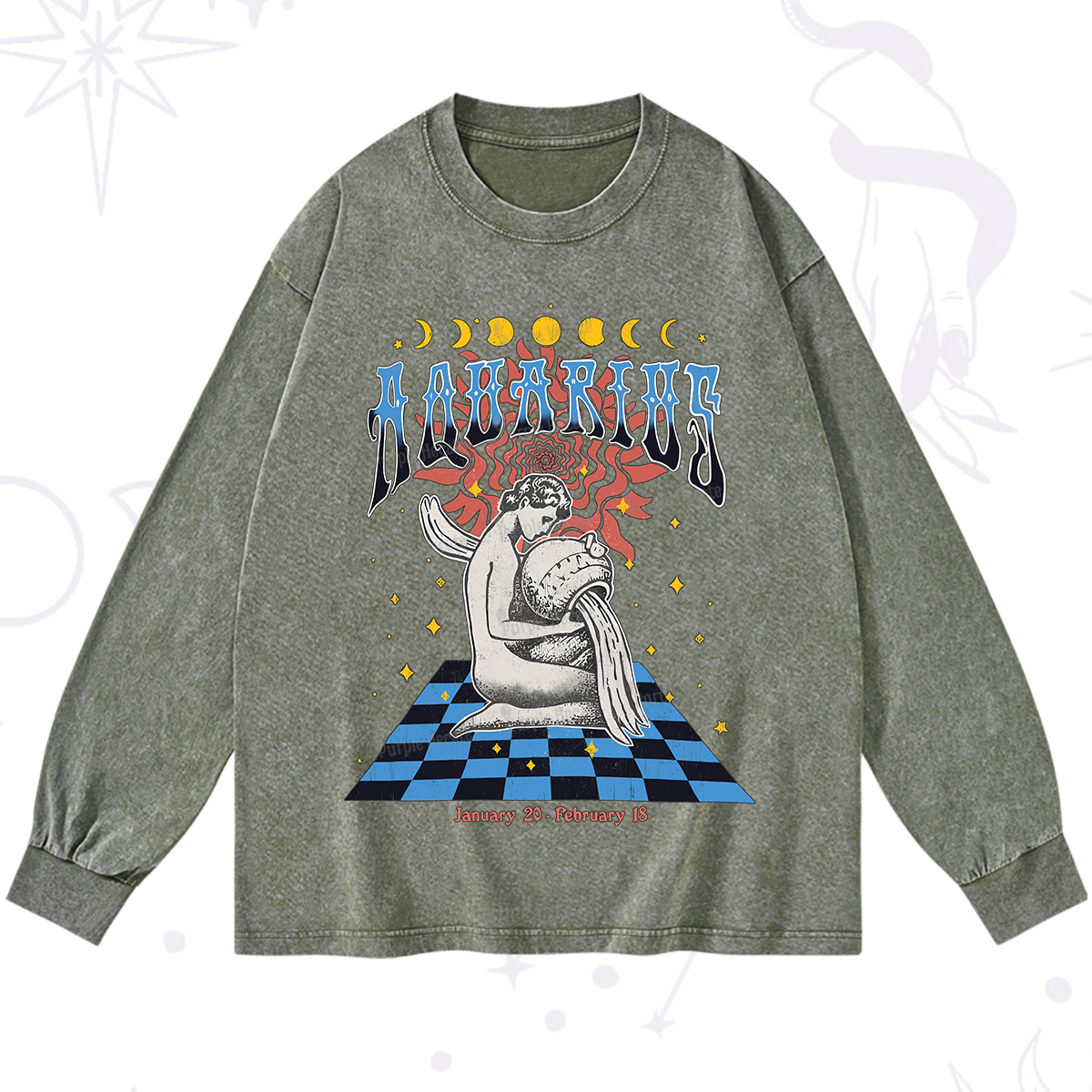 Purplehecate Aquarius Crew Zodiac Washed Long Sleeve Shirt