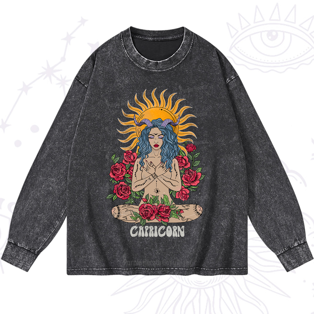 Purplehecate Sun Guardian Of Capricorn Zodiac Washed Long Sleeve Shirt