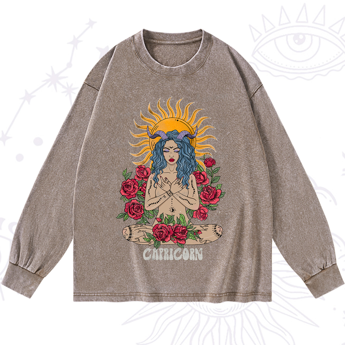Purplehecate Sun Guardian Of Capricorn Zodiac Washed Long Sleeve Shirt