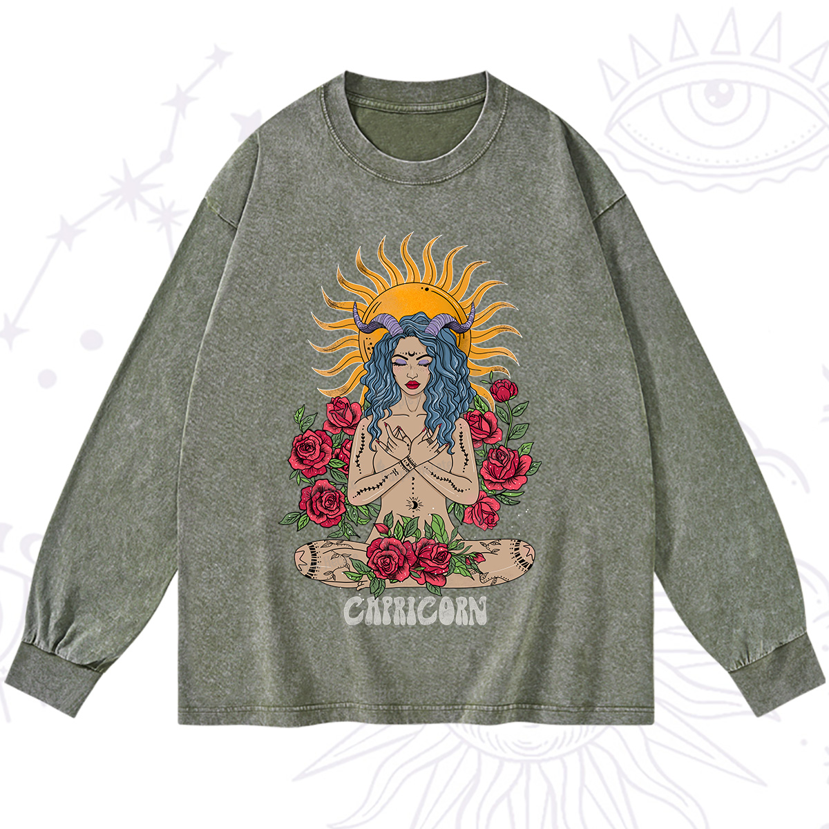 Purplehecate Sun Guardian Of Capricorn Zodiac Washed Long Sleeve Shirt
