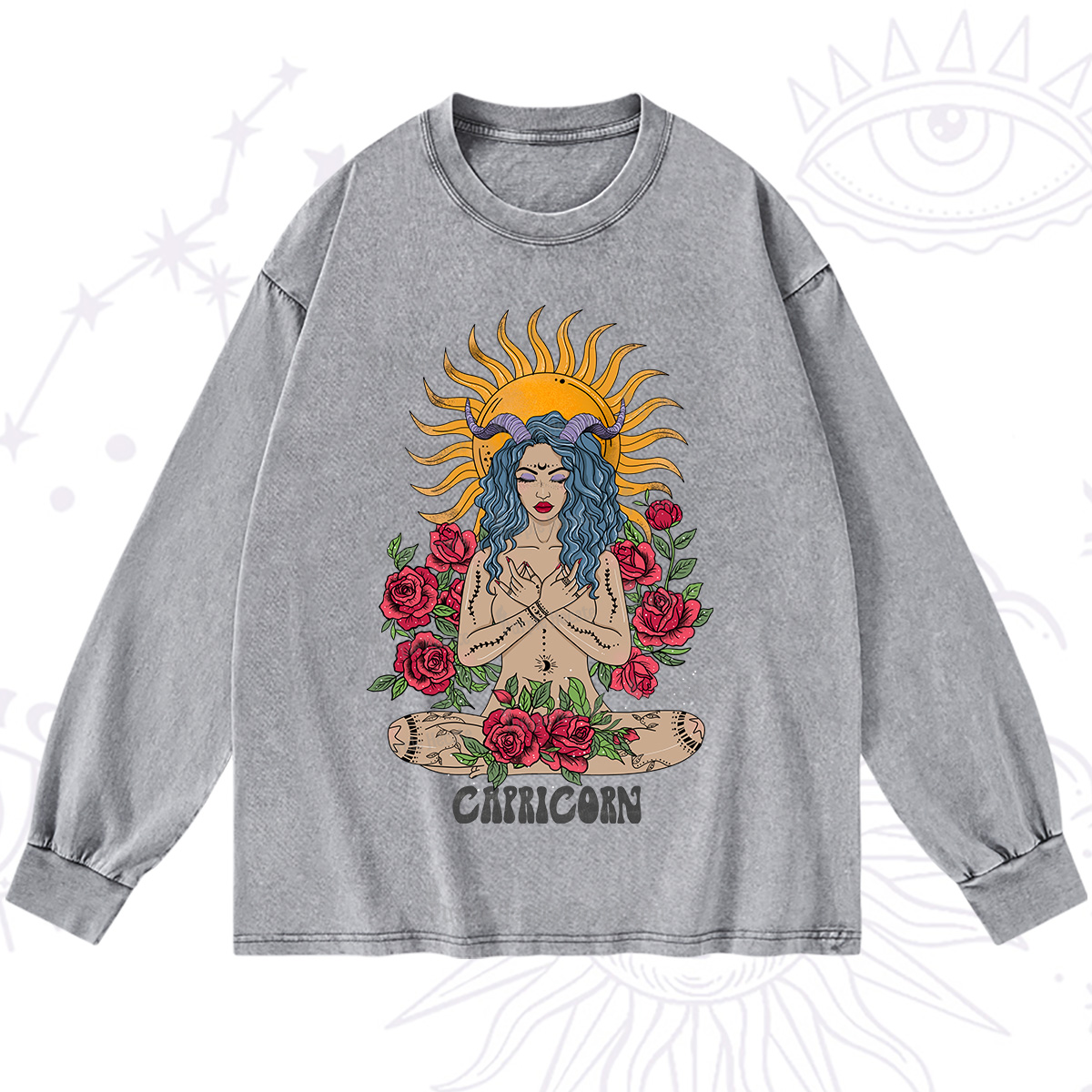 Purplehecate Sun Guardian Of Capricorn Zodiac Washed Long Sleeve Shirt