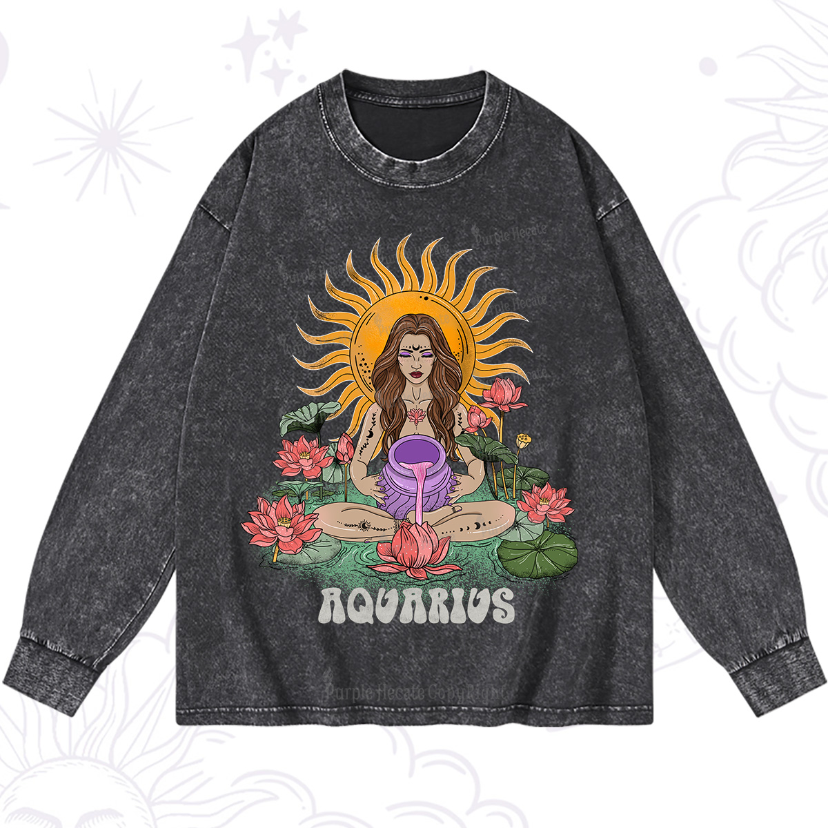 Purplehecate Sun Guardian Of Aquarius Zodiac Washed Long Sleeve Shirt