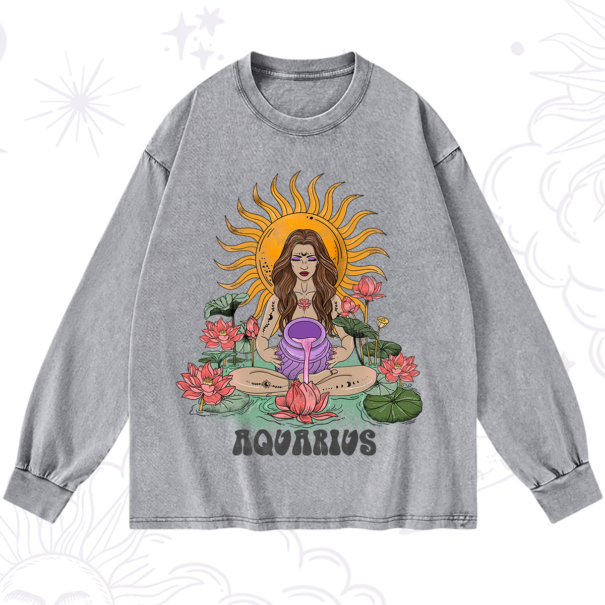Purplehecate Sun Guardian Of Aquarius Zodiac Washed Long Sleeve Shirt