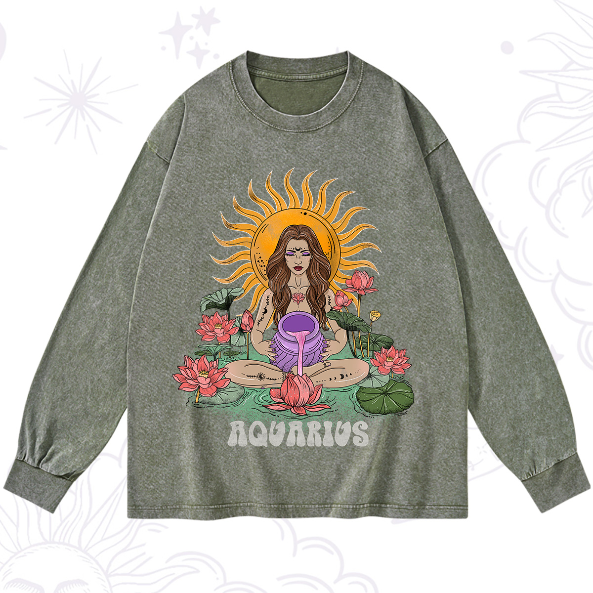 Purplehecate Sun Guardian Of Aquarius Zodiac Washed Long Sleeve Shirt