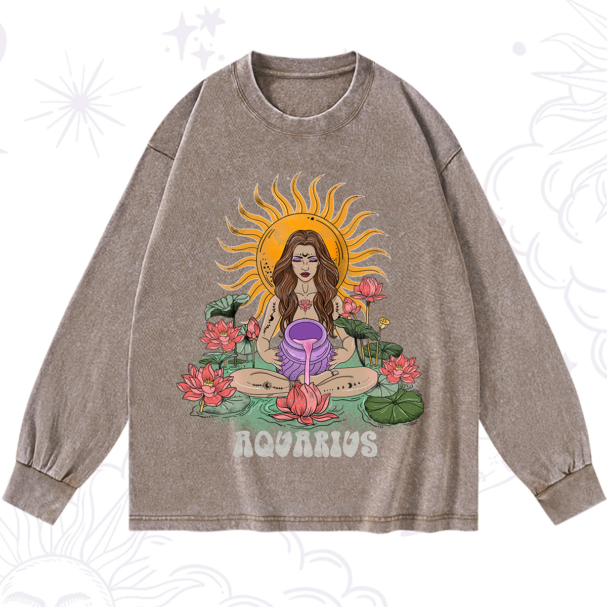 Purplehecate Sun Guardian Of Aquarius Zodiac Washed Long Sleeve Shirt