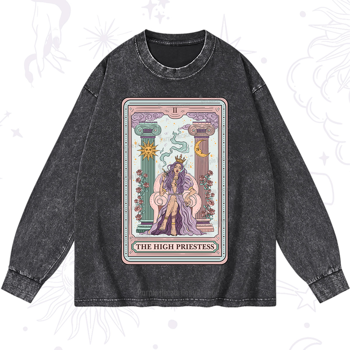 Purplehecate The High Priestess Tarot Card Washed Long Sleeve Shirt