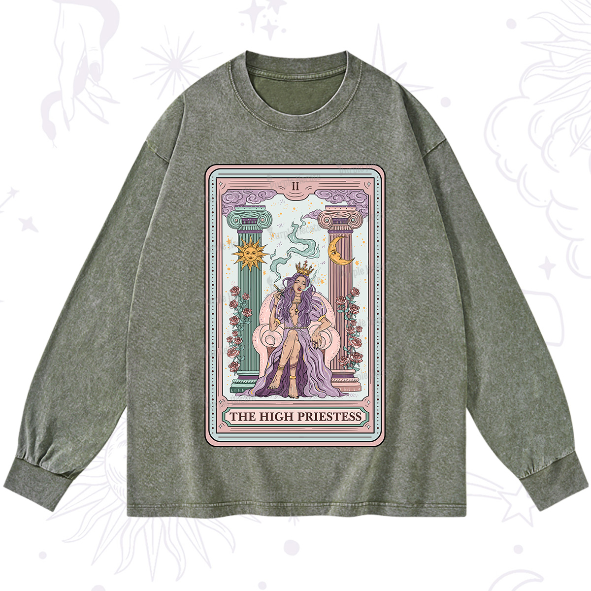 Purplehecate The High Priestess Tarot Card Washed Long Sleeve Shirt