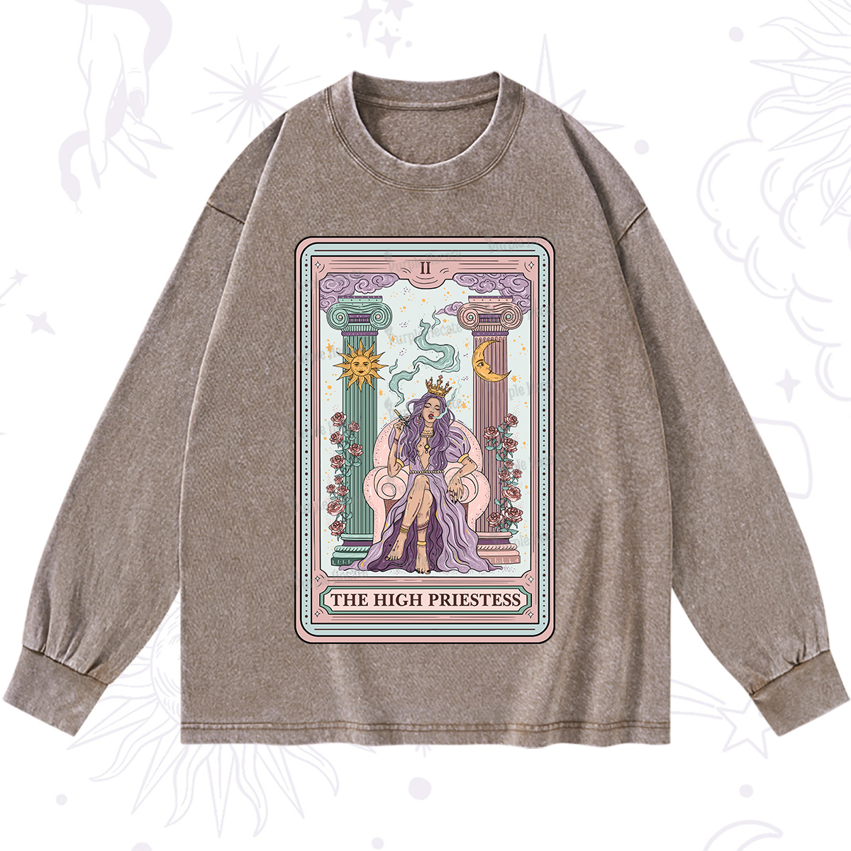 Purplehecate The High Priestess Tarot Card Washed Long Sleeve Shirt