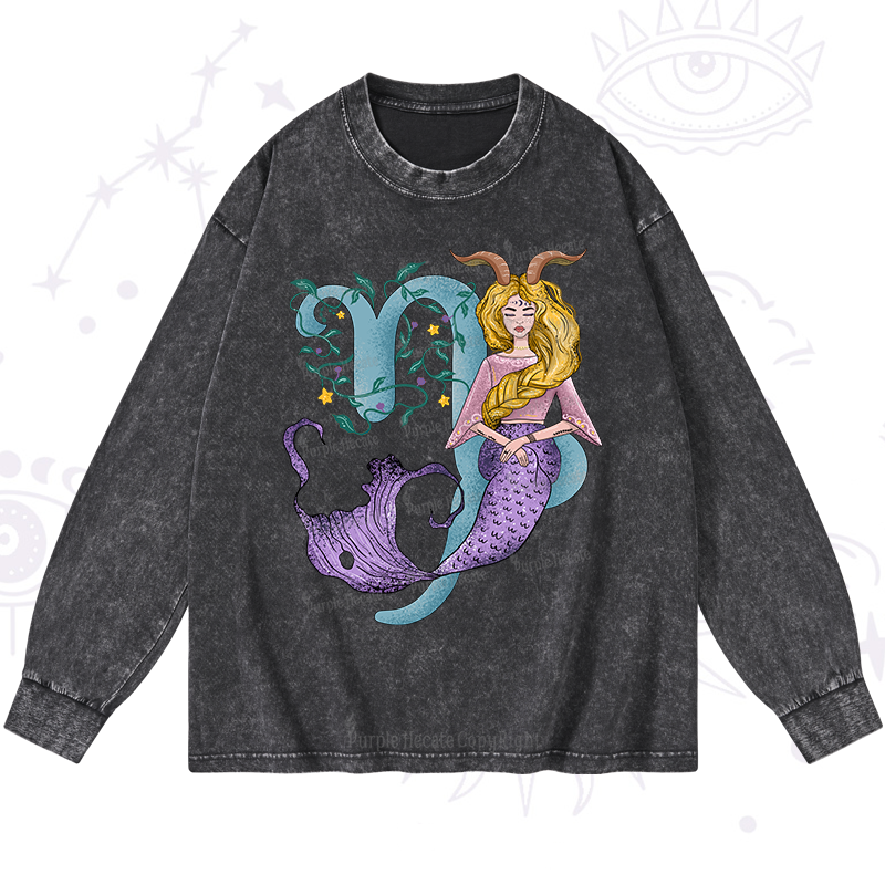 Purplehecate Capricorn In Astrology Zodiac Washed Long Sleeve Shirt