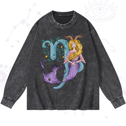 Purplehecate Capricorn In Astrology Zodiac Washed Long Sleeve Shirt