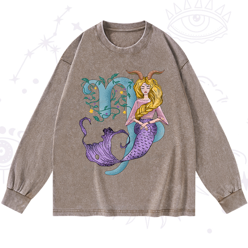 Purplehecate Capricorn In Astrology Zodiac Washed Long Sleeve Shirt