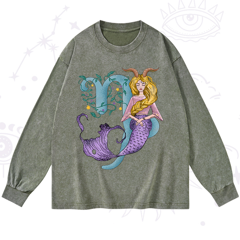Purplehecate Capricorn In Astrology Zodiac Washed Long Sleeve Shirt