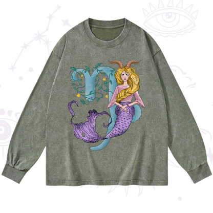 Purplehecate Capricorn In Astrology Zodiac Washed Long Sleeve Shirt
