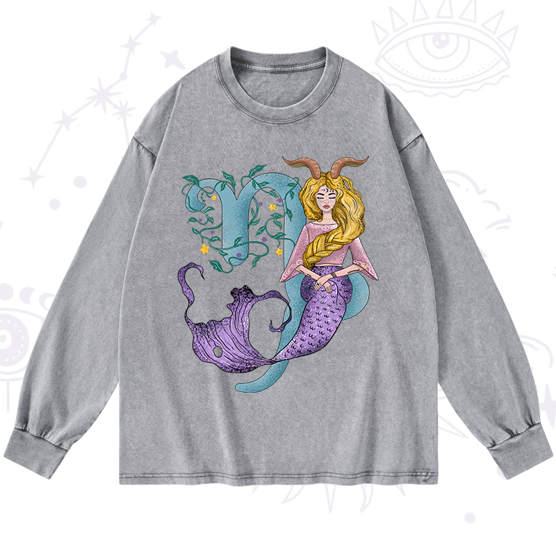 Purplehecate Capricorn In Astrology Zodiac Washed Long Sleeve Shirt