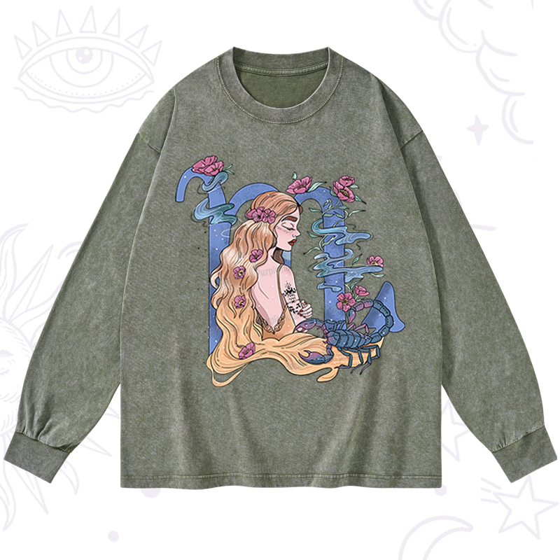 Purplehecate Scorpio In Astrology Zodiac Washed Long Sleeve Shirt