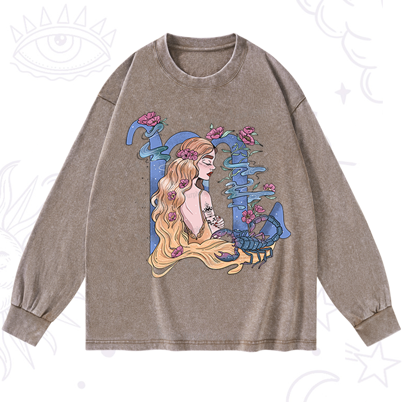 Purplehecate Scorpio In Astrology Zodiac Washed Long Sleeve Shirt