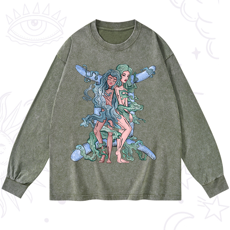 Purplehecate Gemini In Astrology Zodiac Washed Long Sleeve Shirt