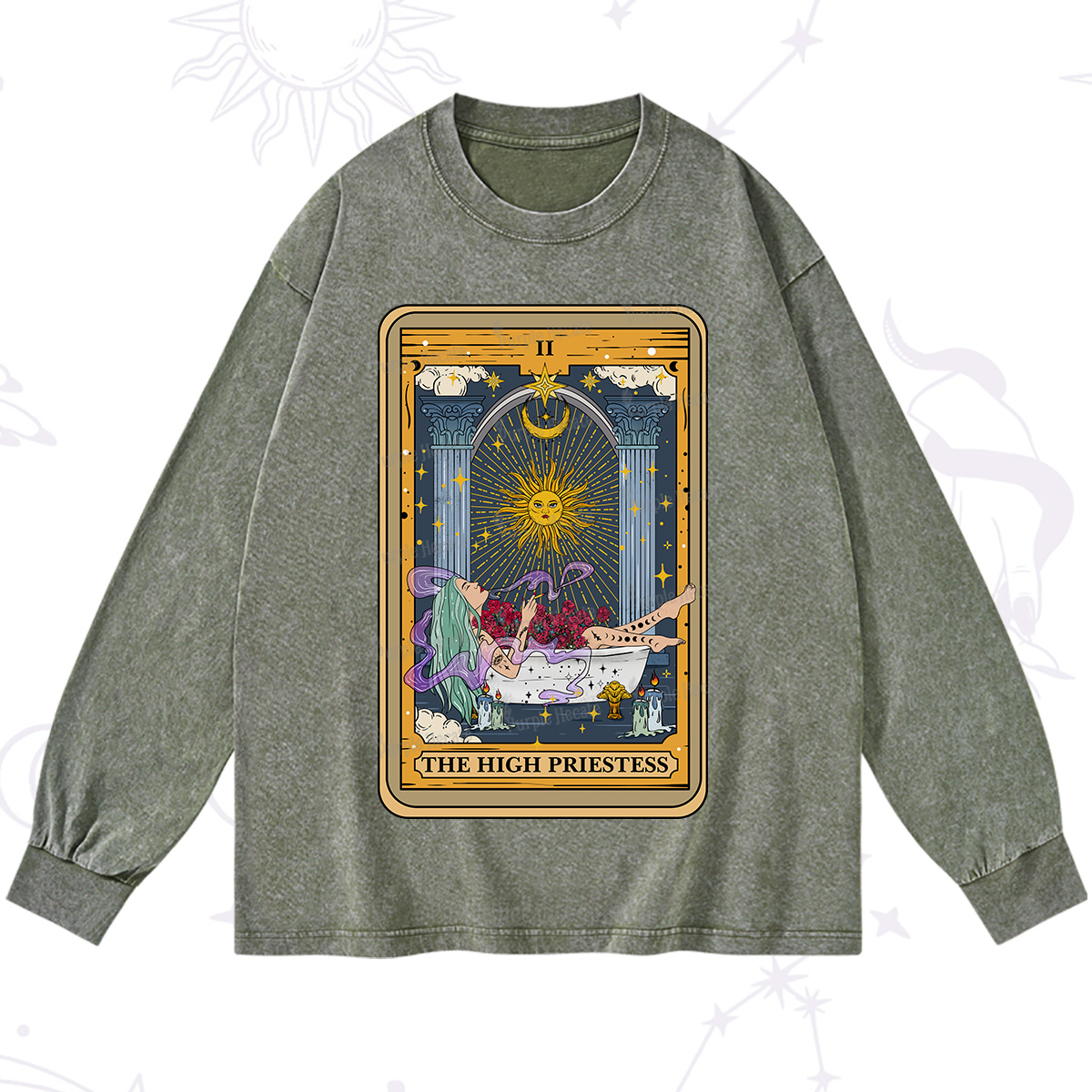 Purplehecate The High Priestess Tarot Card Washed Long Sleeve Shirt