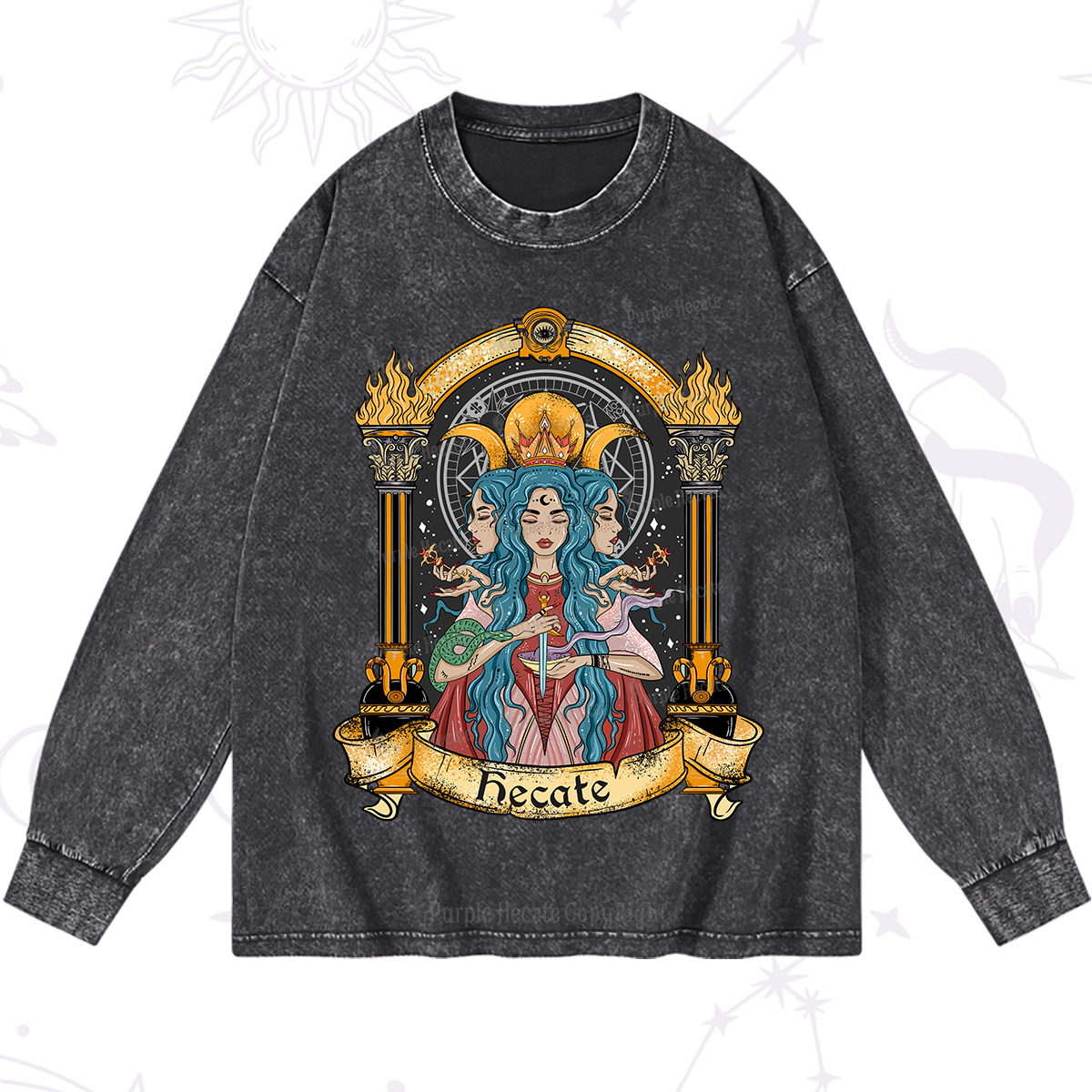 Purplehecate Triple Moon Goddess Hecate Washed Long Sleeve Shirt