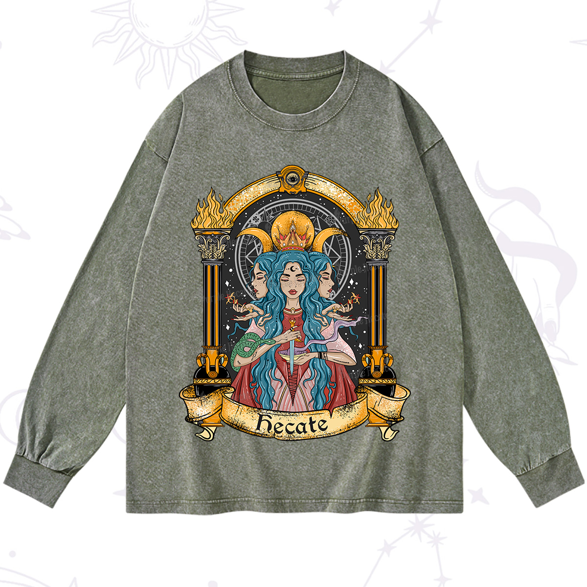 Purplehecate Triple Moon Goddess Hecate Washed Long Sleeve Shirt