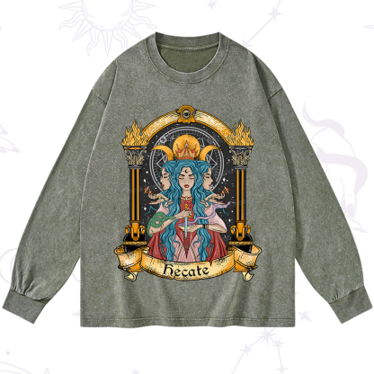 Purplehecate Triple Moon Goddess Hecate Washed Long Sleeve Shirt