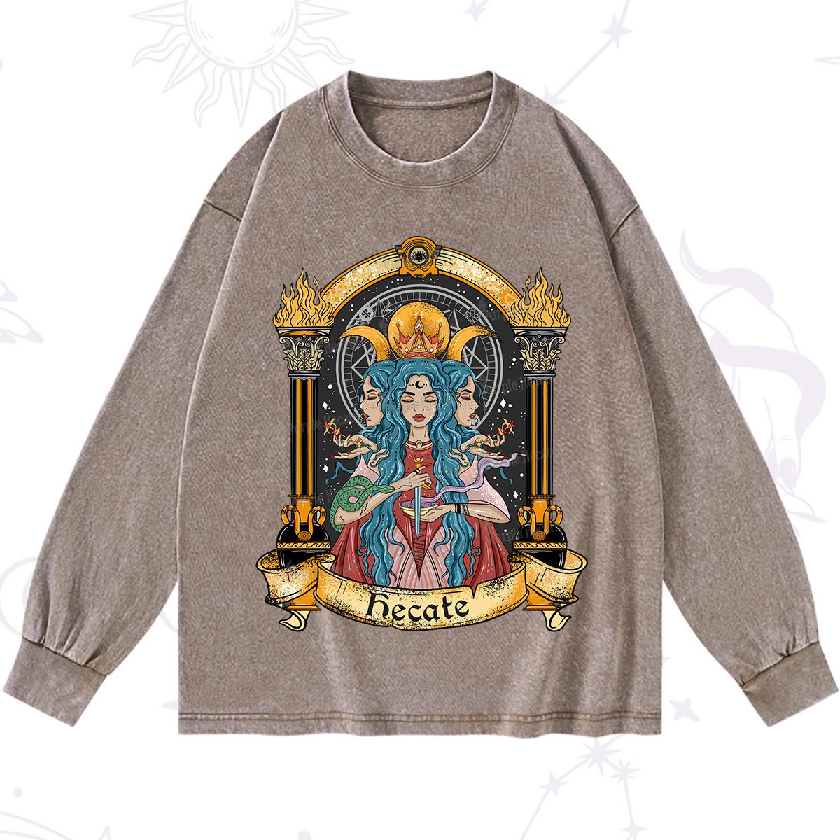 Purplehecate Triple Moon Goddess Hecate Washed Long Sleeve Shirt