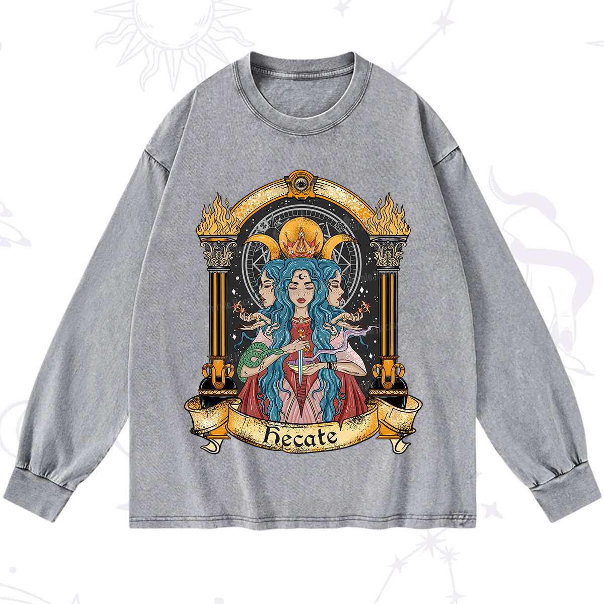 Purplehecate Triple Moon Goddess Hecate Washed Long Sleeve Shirt