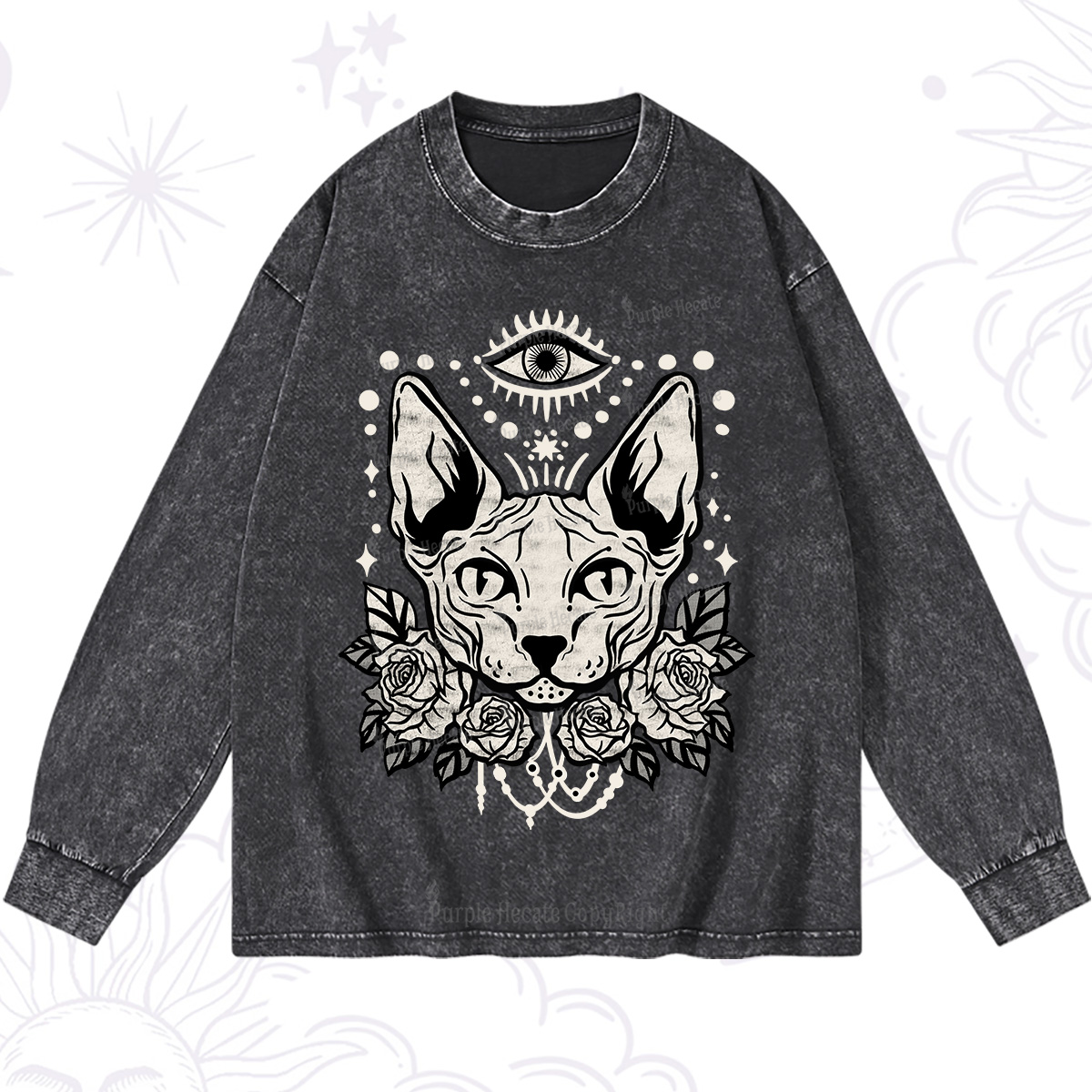 Purplehecate Mystical Cat Washed Long Sleeve Shirt