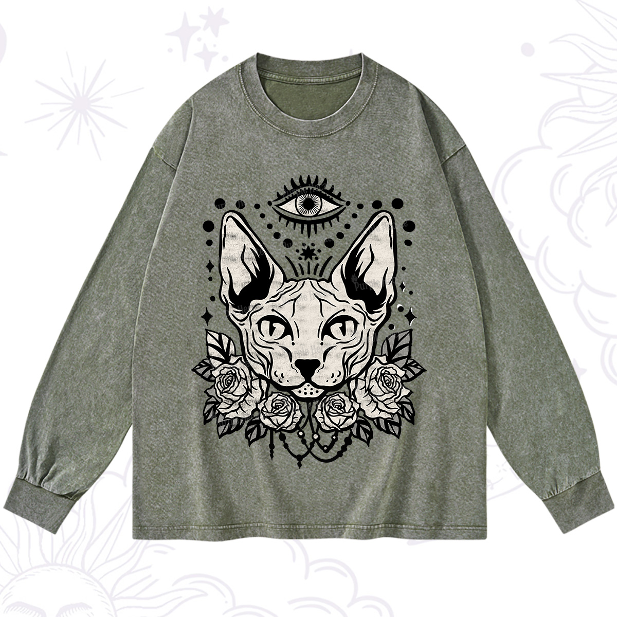 Purplehecate Mystical Cat Washed Long Sleeve Shirt