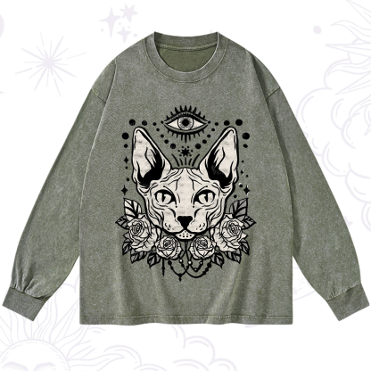 Purplehecate Mystical Cat Washed Long Sleeve Shirt