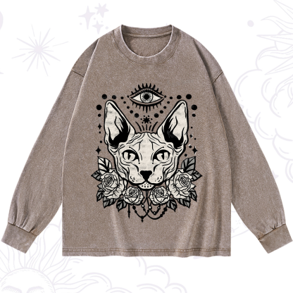 Purplehecate Mystical Cat Washed Long Sleeve Shirt
