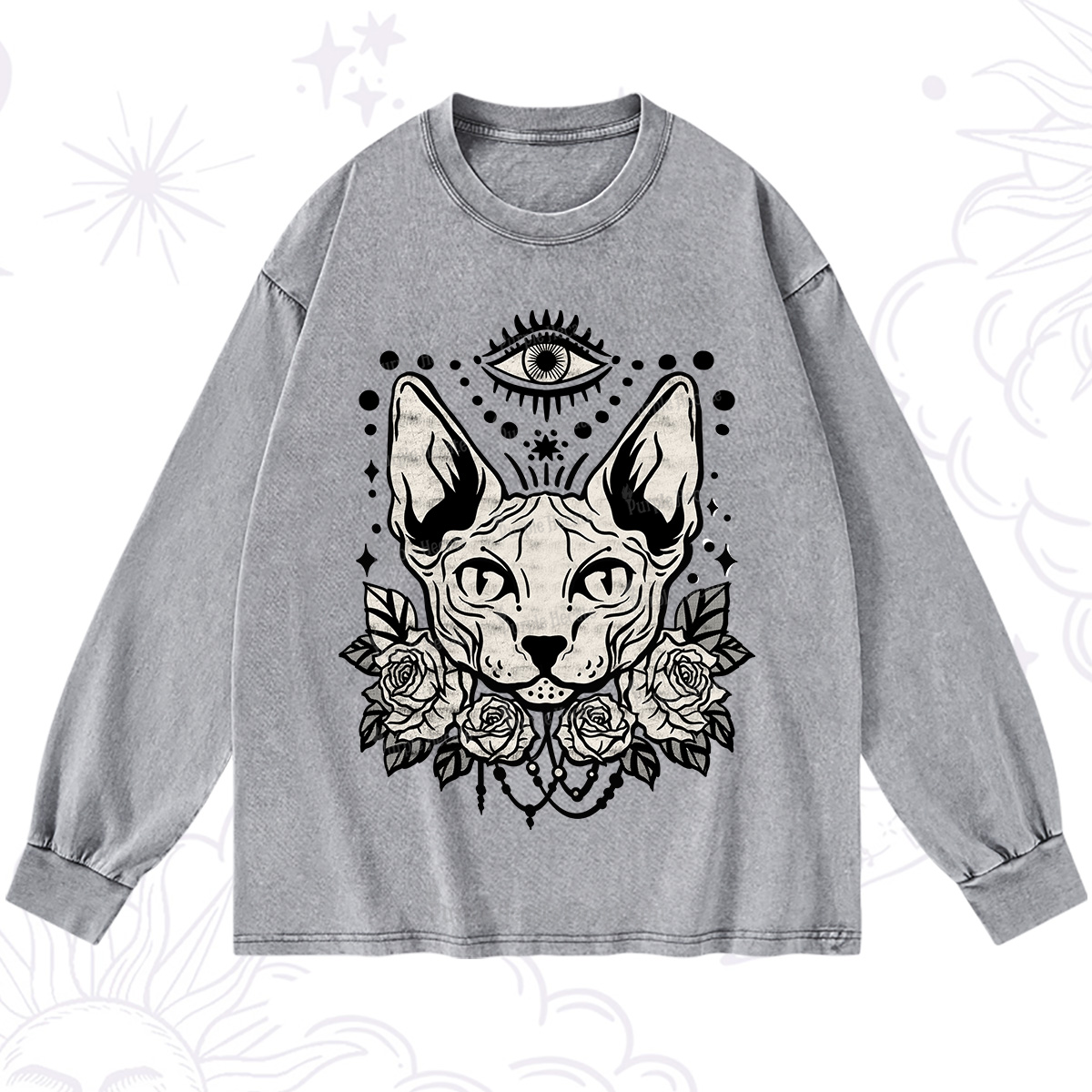 Purplehecate Mystical Cat Washed Long Sleeve Shirt