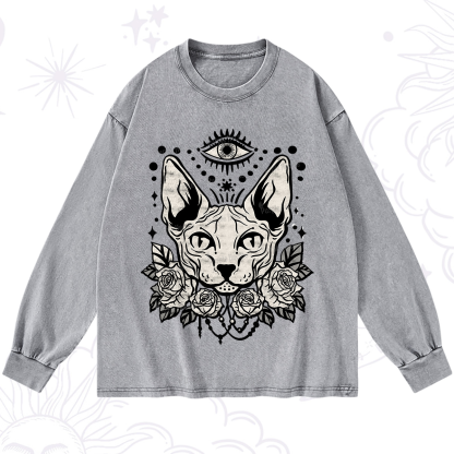Purplehecate Mystical Cat Washed Long Sleeve Shirt