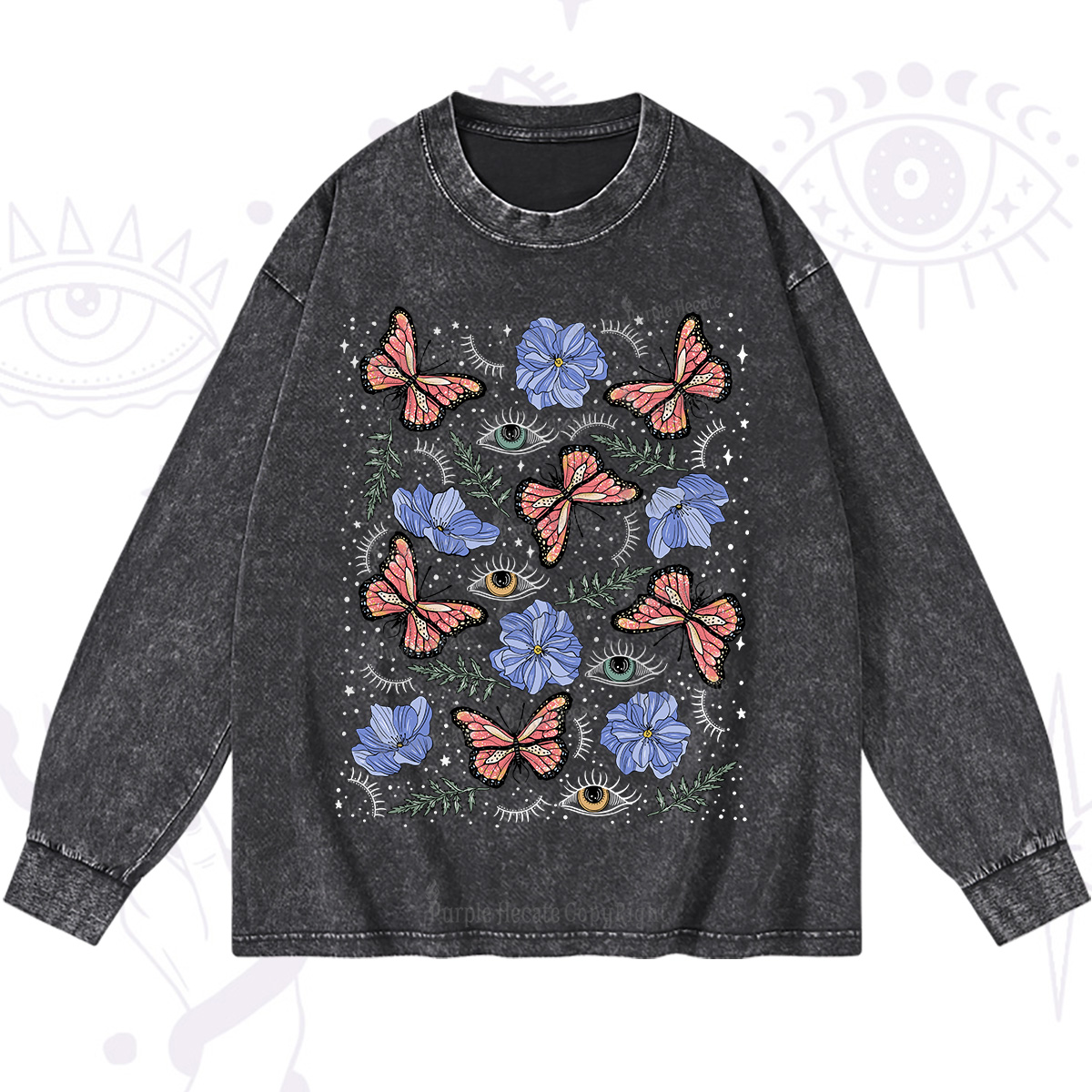 Purplehecate Butterfly Floral Washed Long Sleeve Shirt