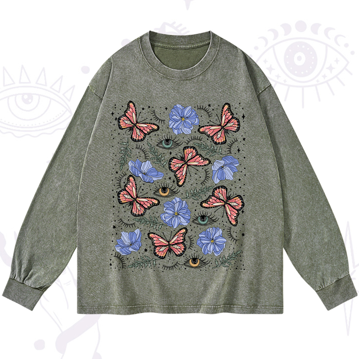 Purplehecate Butterfly Floral Washed Long Sleeve Shirt