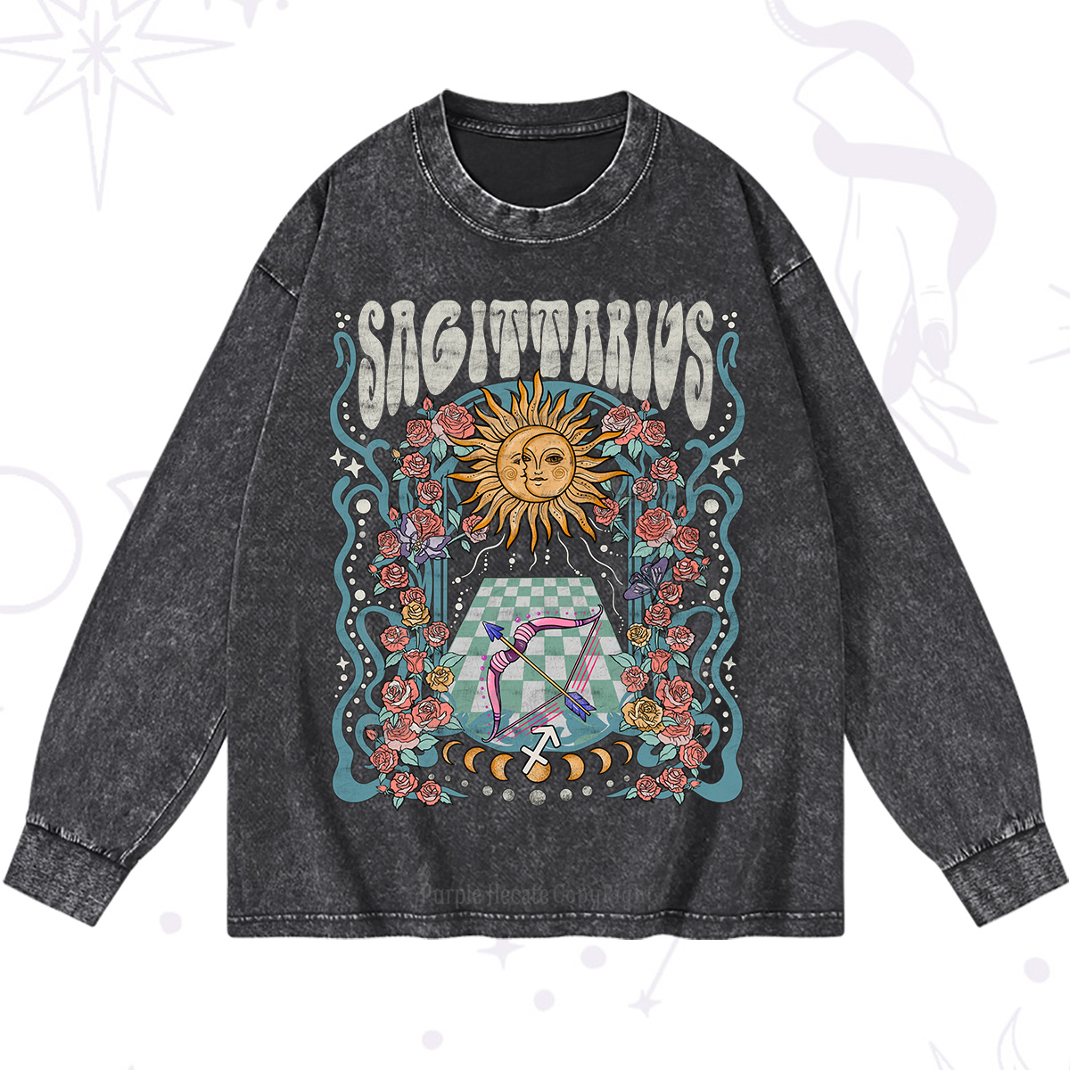 Purplehecate Sagittarius Spirit Zodiac Washed Long Sleeve Shirt