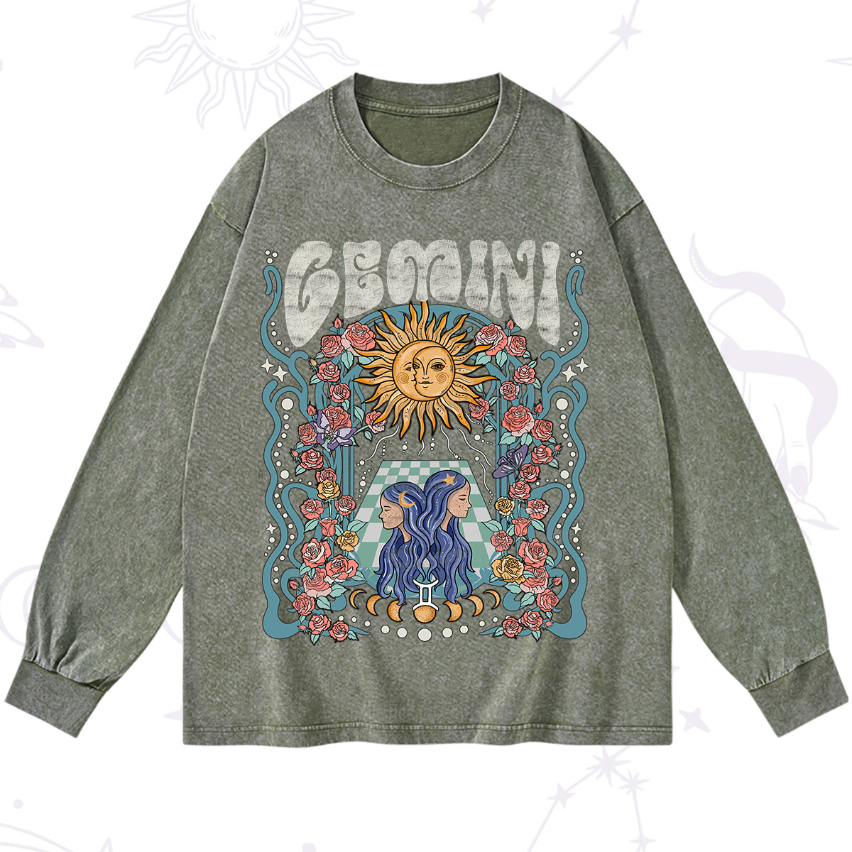 Purplehecate Gemini Spirit Zodiac Washed Long Sleeve Shirt